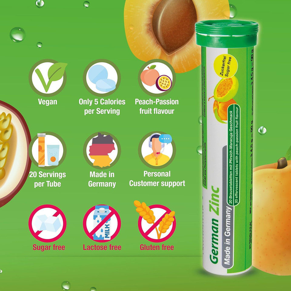 T&D German Zinc 5 Mg - 40 Vegan Drink Effervescent Tablets - Peach-Passionfruit Flavor - Made In Germany40 Servings