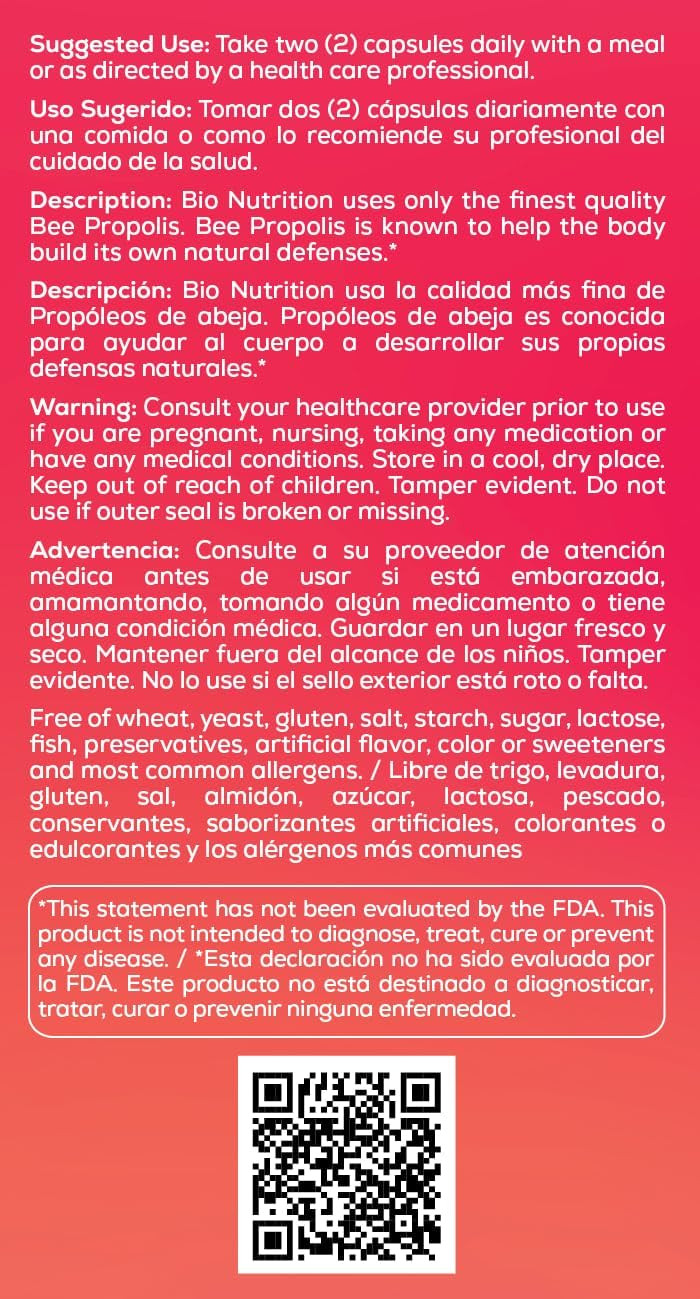 Bio Nutrition Bee Propolis, Natural Defense Immune Support Supplement Capsules 1000 Mg, 60 Ea, 60 Count