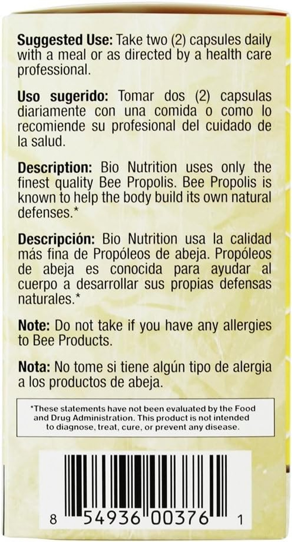 Bio Nutrition Bee Propolis, Natural Defense Immune Support Supplement Capsules 1000 Mg, 60 Ea, 60 Count