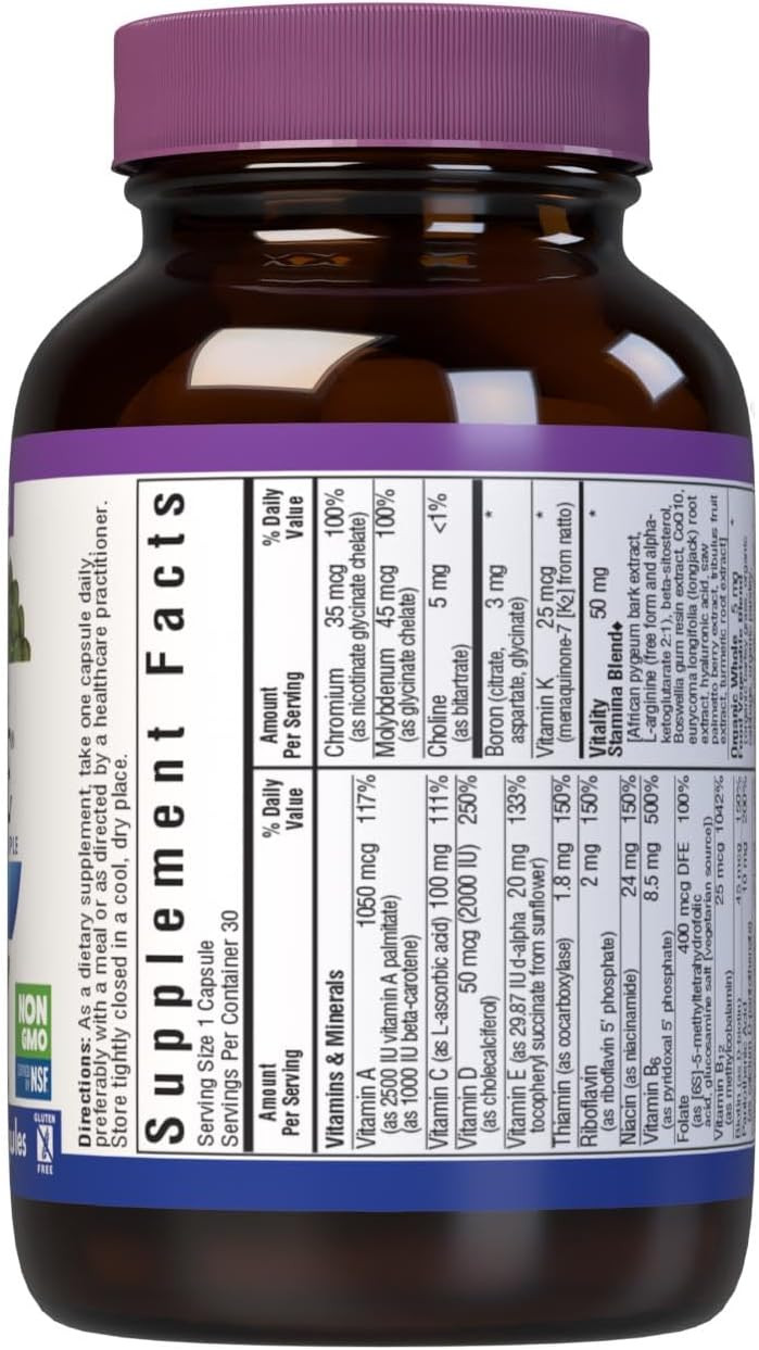 Bluebonnet Nutrition Mens' One 40+ Whole Food-Based Multiple, Men Multivitamin For Men 40+, Soy-Free, Non-Gmo, Gluten Free, Kosher, 30 Vegetable Capsules, 30 Servings
