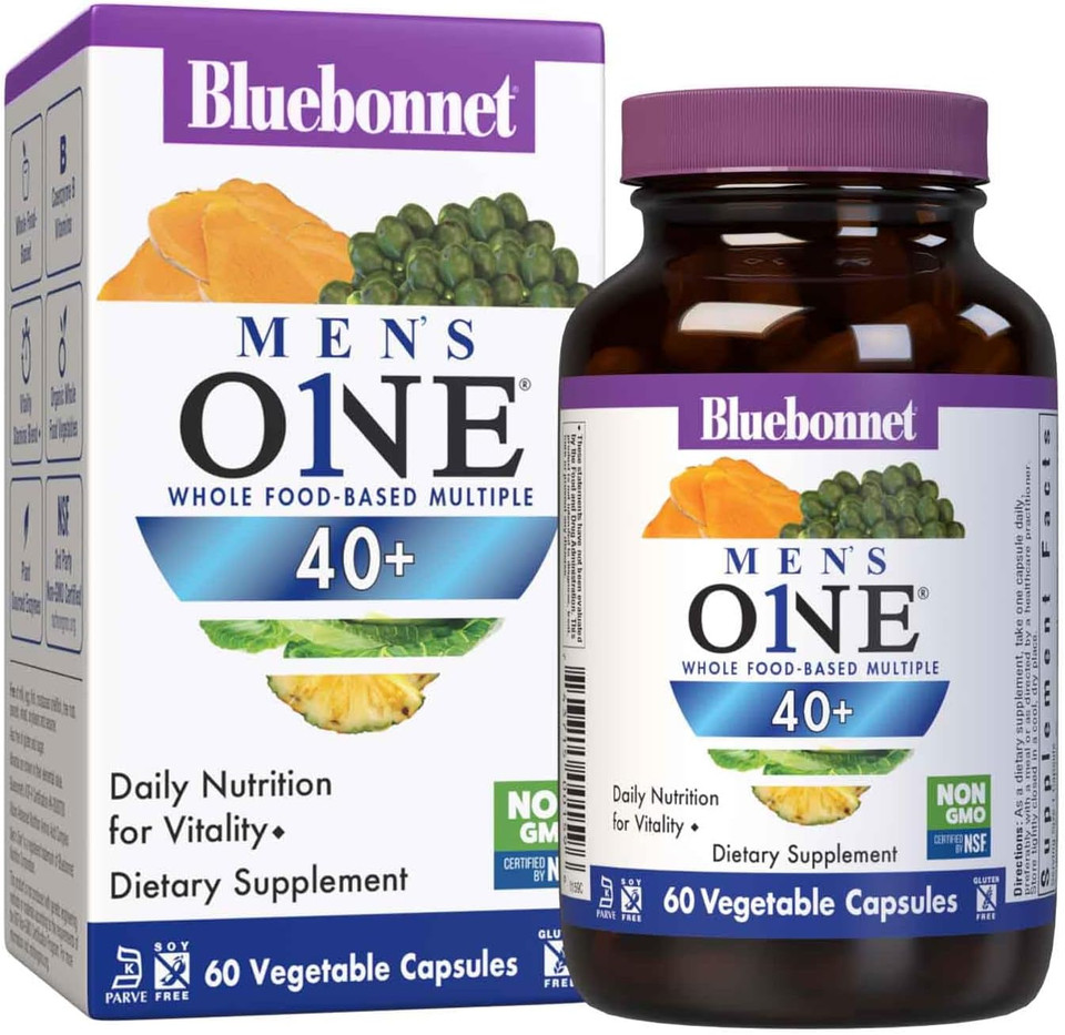 Bluebonnet Nutrition Mens' One 40+ Whole Food-Based Multiple, Men Multivitamin For Men 40+, Soy-Free, Non-Gmo, Gluten Free, Kosher, 60 Vegetable Capsules, 60 Servings