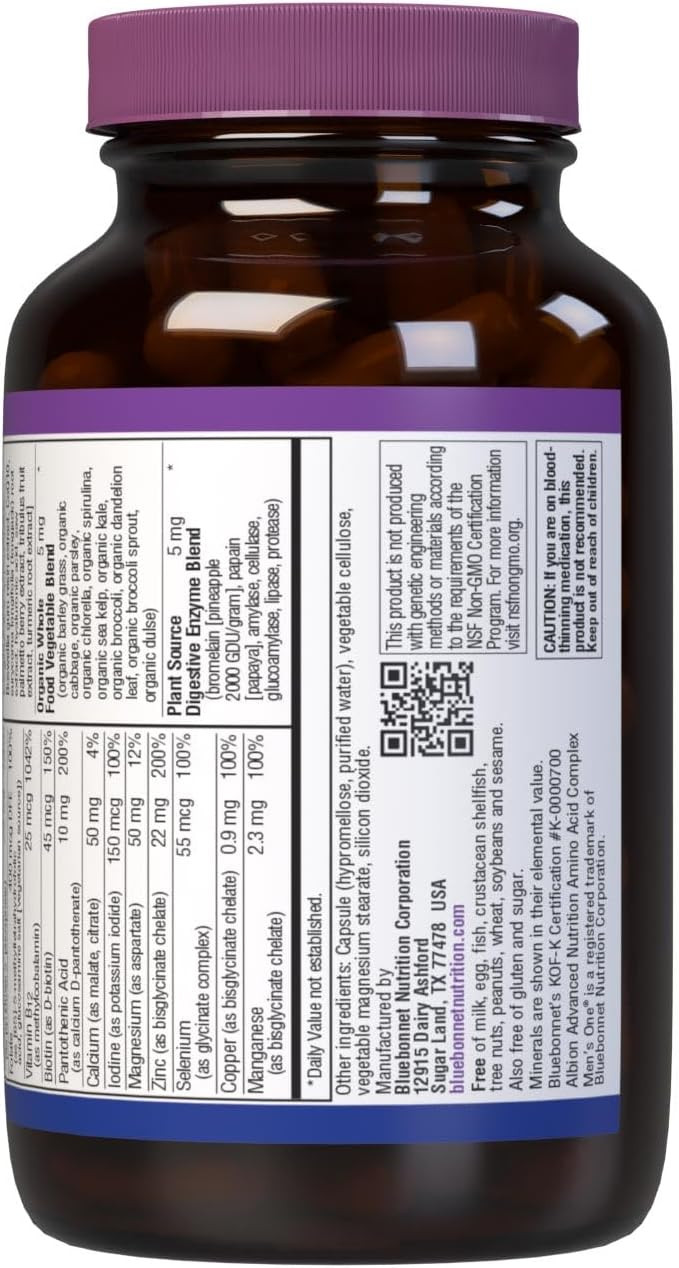 Bluebonnet Nutrition Mens' One 40+ Whole Food-Based Multiple, Men Multivitamin For Men 40+, Soy-Free, Non-Gmo, Gluten Free, Kosher, 60 Vegetable Capsules, 60 Servings