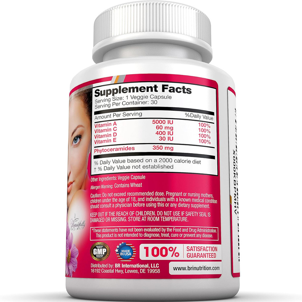Bri Nutrition Phytoceramides - Natural Anti-Aging Skin & Hair Vitamins For Collagen Boost & Rejuvenation W Vitamins A + C + D + E - 350Mg Per Serving (1 Vegetable Cellulose Capsule) - 30 Count