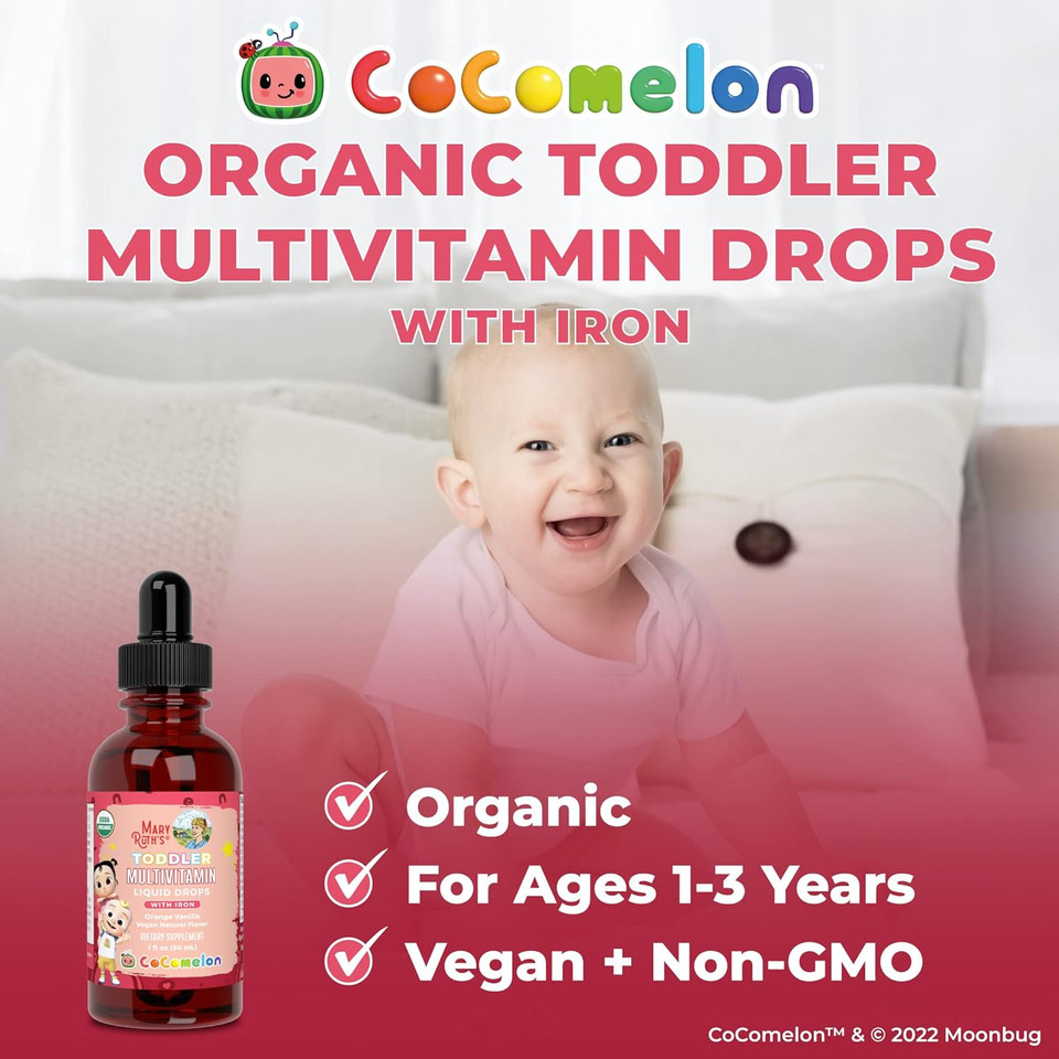 Cocomelon Multivitamin & Multimineral with Iron for Toddlers by MaryRuth's | USDA Organic | Sugar Free | Multivitamin Liquid Drops for Kids Ages 1-3 | Immune Support | Vegan | Non-GMO | 1 Fl Oz