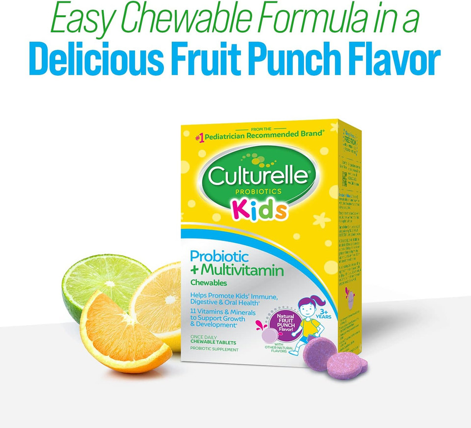 Culturelle Kids Probiotic + Complete Multivitamin Chewable For Kids, Ages 3+, 30 Count, Digestive Health, Oral Health & Immune Support - With 11 Vitamins & Minerals, Including Vitamin C, D3 & Zinc