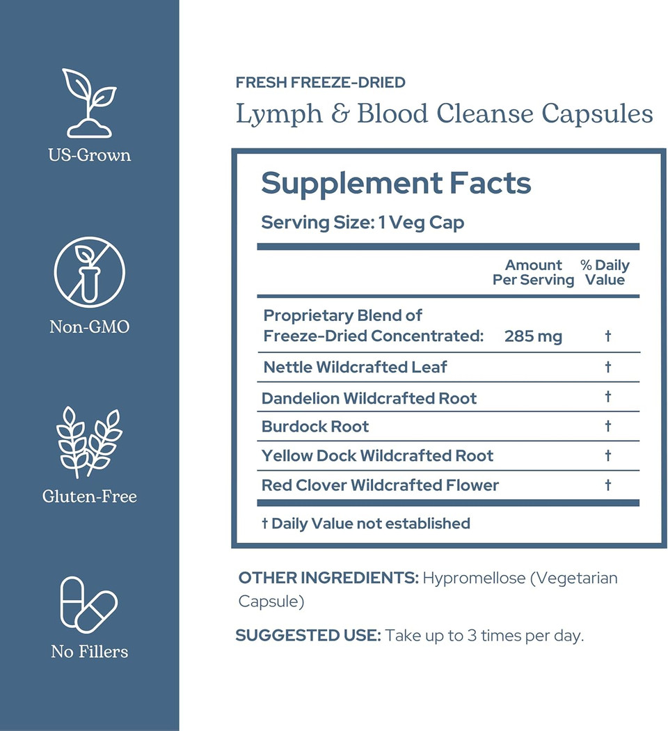 Eclectic Herb Lymphatic & Blood Cleanse | Freeze Dried Fresh, Whole Herbs, Naturally Concentrated | 45 Count