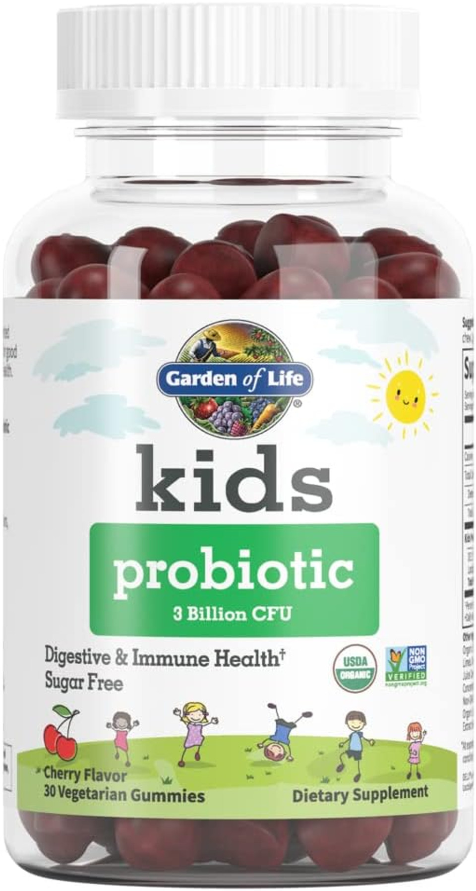 Garden Of Life Probiotics For Kids, Cherry Flavor Gummies - Sugar Free Once Daily Kids Probiotic Gummies, 3 Billion Cfu Probiotics Plus Fiber For Digestive & Immune Health, 30 Vegetarian Gummies