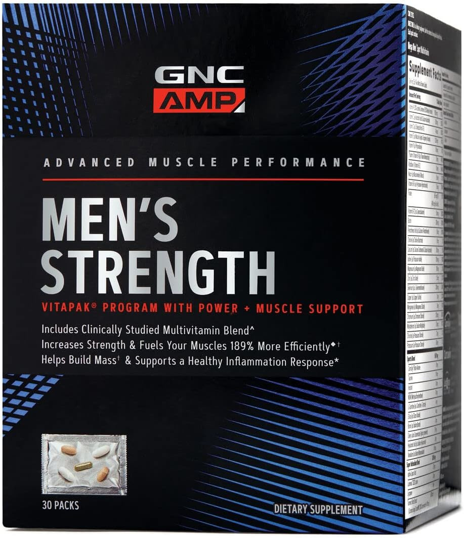 Gnc Amp Men'S Strength Vitapak | 3 Step Program | Increases Strength And Builds Muscle Mass Efficiently | Added 1,250 Mg Peg Creatine | Daily Vitamin Supplement | 30 Packs