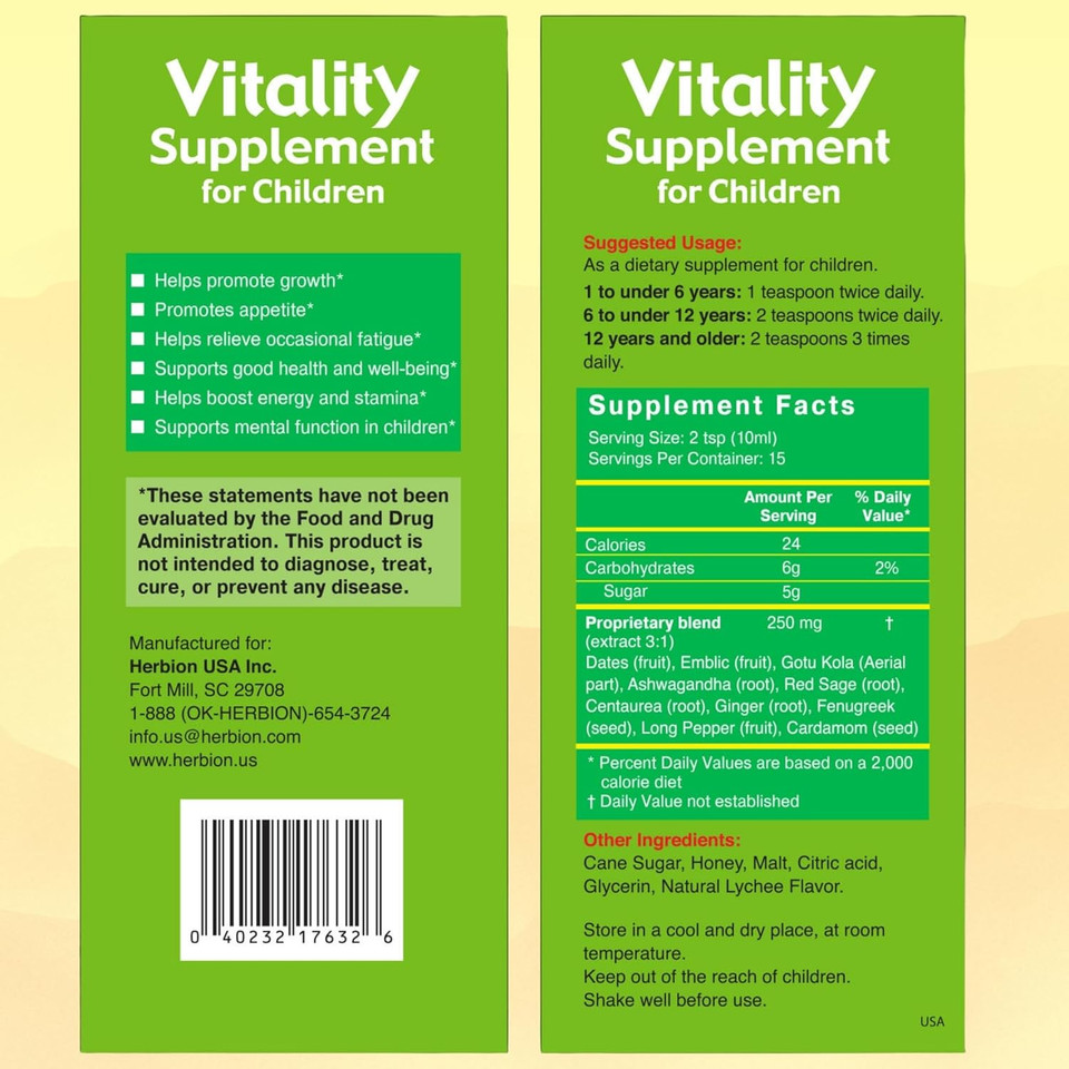 Herbion Naturals Vitality Supplement Syrup For Children, Promotes Growth And Appetite, Relieves Fatigue, Improves Mental And Physical Performance, Boosts Energy, 5 Fl Oz - For Kids Of 1 Year And Above