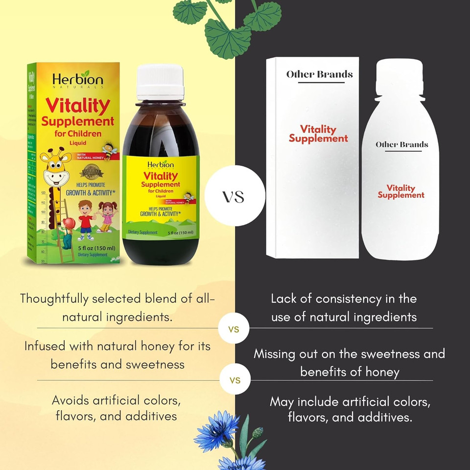 Herbion Naturals Vitality Supplement Syrup For Children, Promotes Growth And Appetite, Relieves Fatigue, Improves Mental And Physical Performance, Boosts Energy, 5 Fl Oz - For Kids Of 1 Year And Above