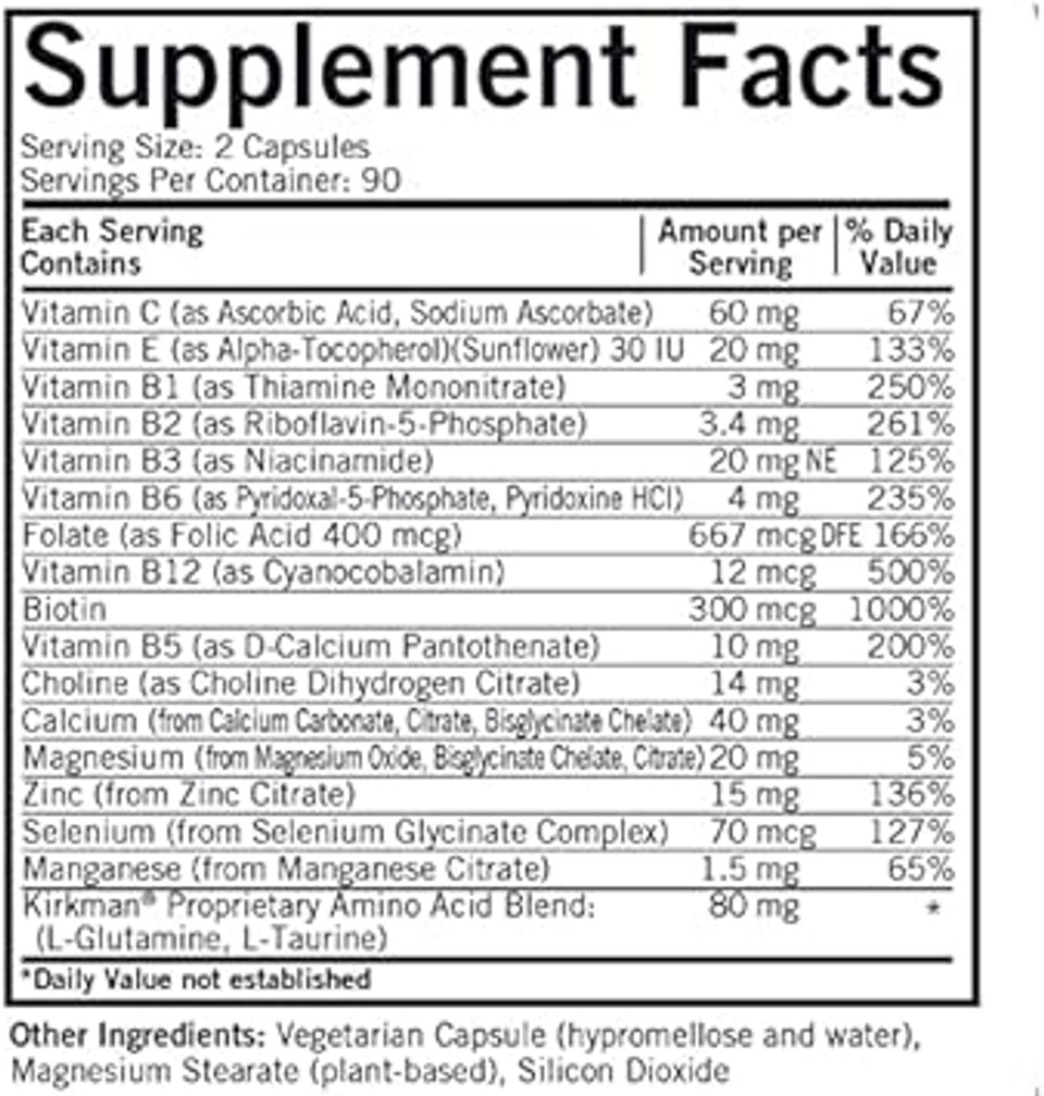 Kirkman - Everyday Multivitamin Without Vitamins A & D - 180 Capsules - Comprehensive Multivitamin - Mineral Support - Hypoallergenic