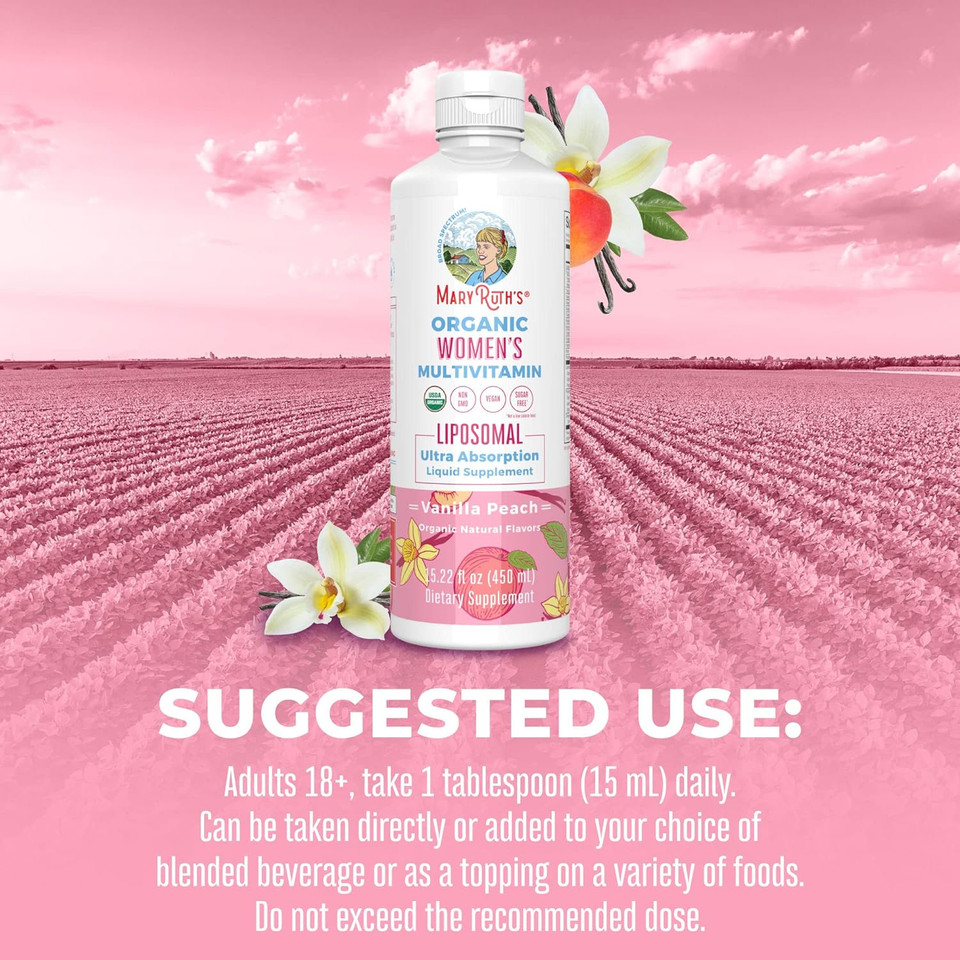 Maryruth'S | Usda Organic Liquid Multivitamins For Women | Liposomal Womens Multivitamin For Immune Support | Vanilla Peach | Sugar-Free, Vegan | 15.22 Fl Oz