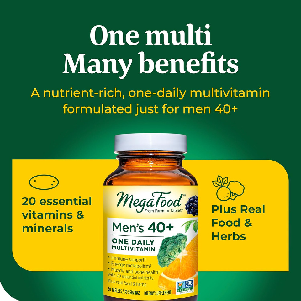 Megafood Men'S 40+ One Daily Multivitamin For Men With Vitamin B, Vitamin D3, Selenium, Zinc & Real Food - Immune Support, Energy Metabolism, And Muscle & Bone Health  Non Gmo; Vegetarian - 30 Tabs