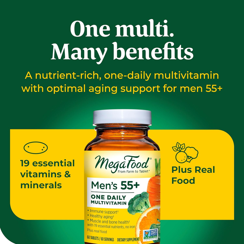 Megafood Men'S 55+ One Daily - Multivitamin For Men With Vitamin B12, Vitamin C, Vitamin D & Zinc - Optimal Aging & Immune Support Supplement - Vegetarian - Made Without 9 Food Allergens - 120 Tabs120 Count (Pack Of 1)