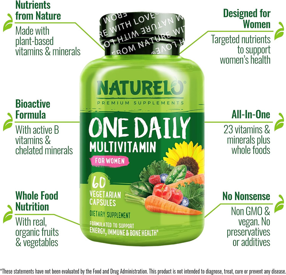 NATURELO One Daily Multivitamin for Women - Energy Support - Whole Food Supplement to Nourish Hair, Skin, Nails - Non-GMO - No Soy - Gluten Free - 120 Capsules - 4 Month Supply120 Count (Pack of 1)