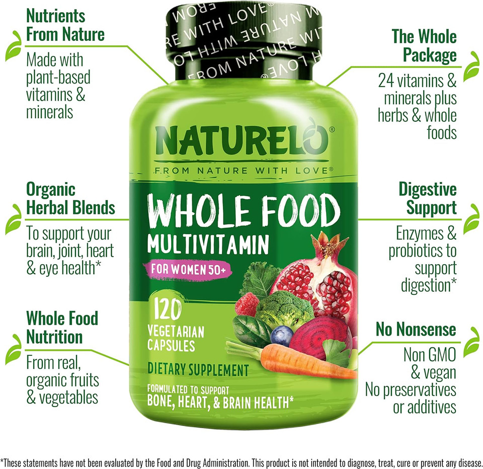 Naturelo Whole Food Multivitamin For Women 50+ (Iron Free) With Vitamins, Minerals, & Organic Extracts - Supplement For Post Menopausal Women Over 50 - No Gmo - 120 Vegan Capsules120 Count (Pack Of 1)