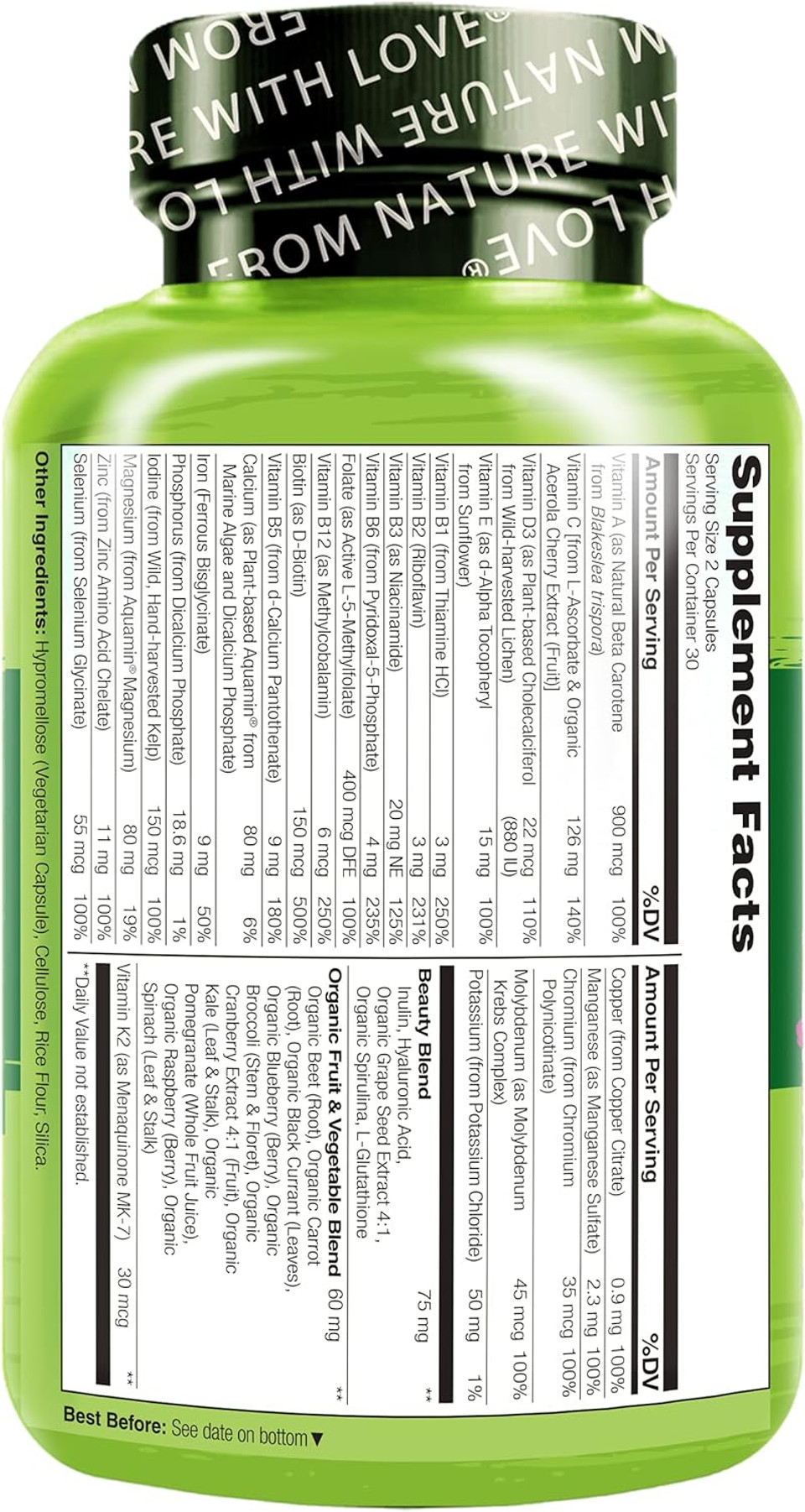 Naturelo Whole Food Multivitamin With Extra Hair, Skin And Nails Support  Beauty Blend With Hyaluronic Acid & Grape Seed - High Potency Biotin, Vitamin C, And Glutathione - 60 Vegan Capsules