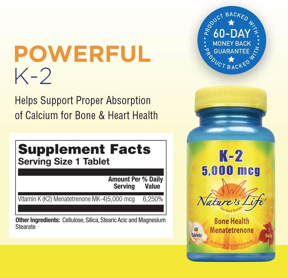 Nature'S Life Vitamin K2 5000Mcg | High Potency Mk4 Formula Helps Support Bone & Cardiovascular Health | Non-Gmo | 60 Vegetarian Tablets