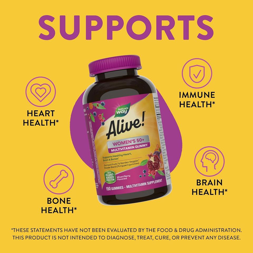Nature'S Way Alive! Womenã¢ÂS 50+ Daily Gummy Multivitamins, Supports Multiple Body Systems*, Supports Healthy Heart, Brain & Bones,* B-Vitamins, Mixed Berry Flavored, 150 Gummies (Packaging May Vary)