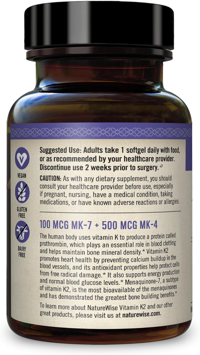 Naturewise Vitamin K2 With Mk4 And Vitamk7 Menaqui-7 For Strong Bones, Cognitive And Heart Health | Increased Bioavailability | Softgel 90 Count (Pack Of 1)