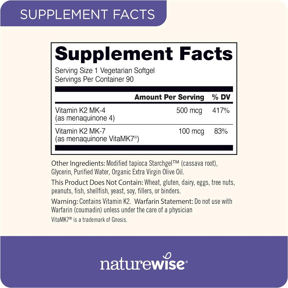 Naturewise Vitamin K2 With Mk4 And Vitamk7 Menaqui-7 For Strong Bones, Cognitive And Heart Health | Increased Bioavailability | Softgel 90 Count (Pack Of 1)