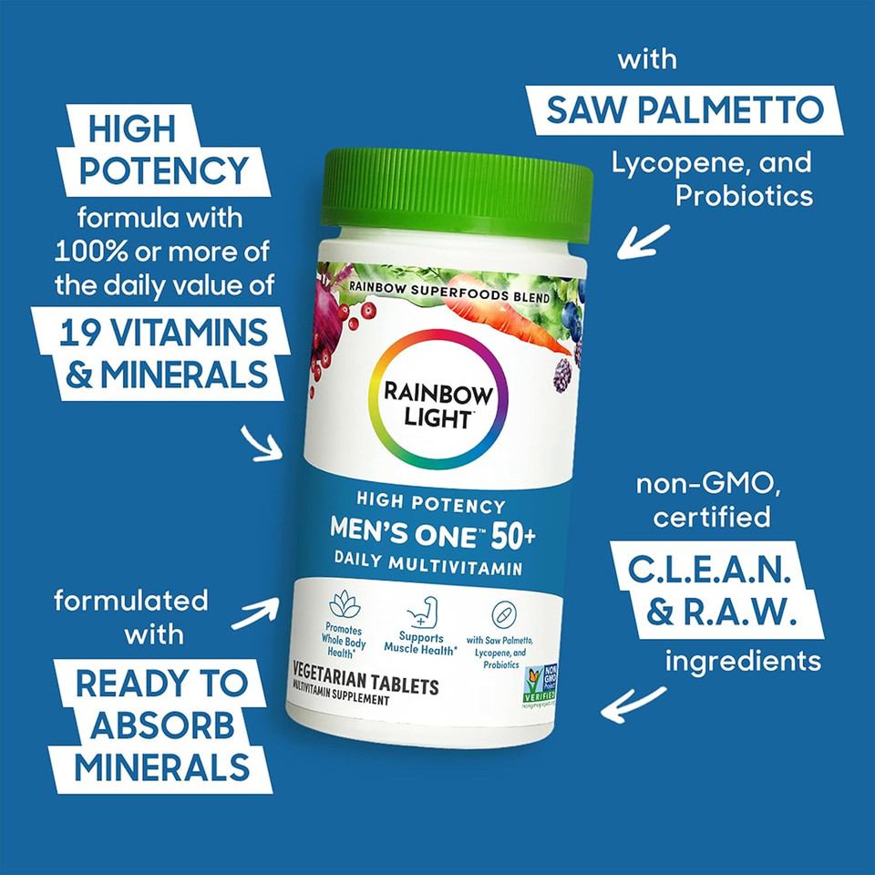 Rainbow Light Multivitamin For Men 50+, Vitamin C, D & Zinc, Probiotics, Men'S One 50+ Multivitamin Provides High Potency Immune Support, Non-Gmo, Vegetarian, 60 Tablets Rainbow Light Multivitamin For Men 50+, Vitamin C, D & Zinc, Probiotics, Men'S One 50+ Multivitamin Provides High Potency Immune Support, Non-Gmo, Vegetarian, 60 Tablets