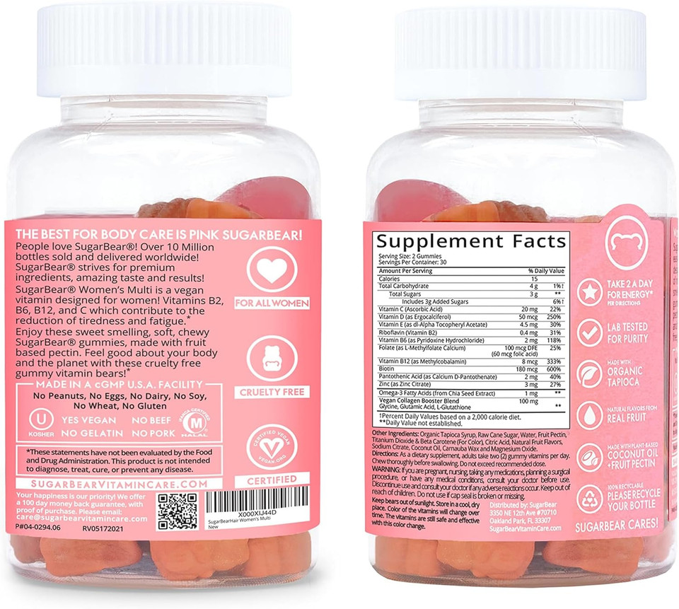 Sugarbear Women'S Multivitamin Gummies, Vegan Collagen Booster Blend With Glutathione, Omega-3, Folate, Biotin & Vitamins C, D, E, B6, B12 - Chewable Daily Gummy Supplements For Women (1 Month Supply)
