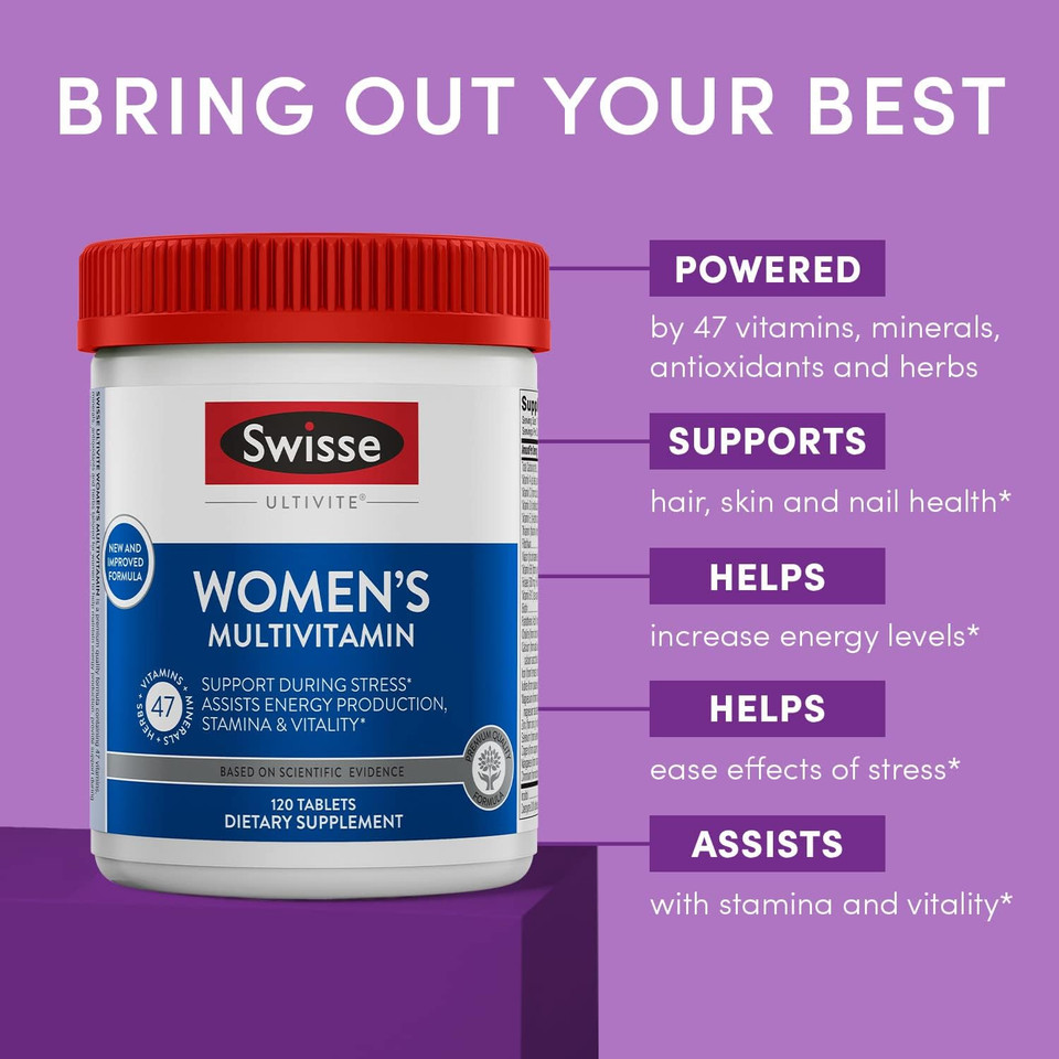 Swisse Daily Multivitamin For Women | 47 Vitamins, Antioxidants And Minerals + Adaptogens | Energy, Stress & Immune Support | Womens Multivitamin Supplement | 120 Tablets / 4 Months Supplymulticolor