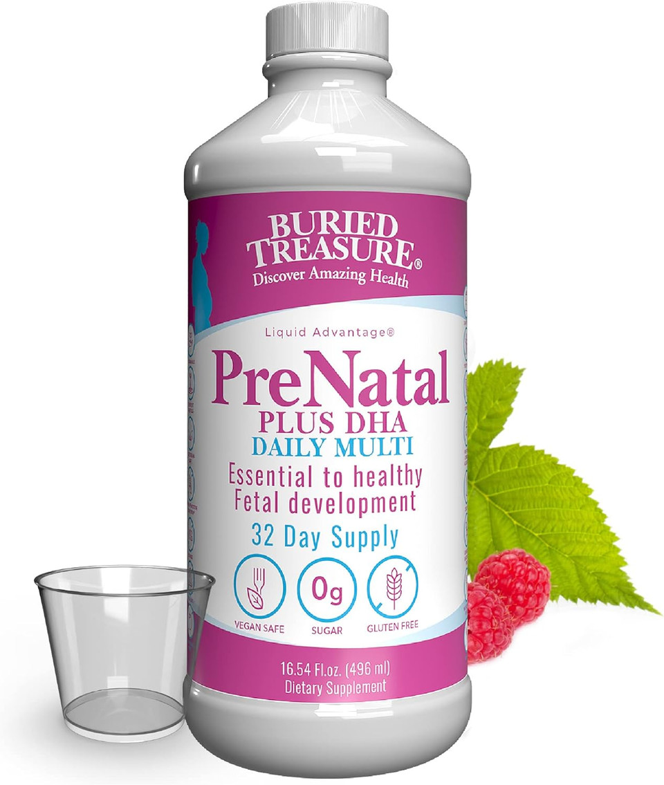 Buried Treasure Prenatal Plus Dha Complete, 16 Oz Orange Banana Flavor, High Potency Liquid Formula Supplement For Before, During, Post Pregnancy, Natural Dha Omega3 Iron Vegetarian Safe W/ Dose Cup