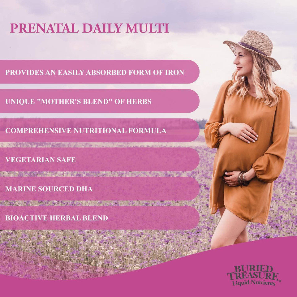 Buried Treasure Prenatal Plus Dha Complete, 16 Oz Orange Banana Flavor, High Potency Liquid Formula Supplement For Before, During, Post Pregnancy, Natural Dha Omega3 Iron Vegetarian Safe W/ Dose Cup