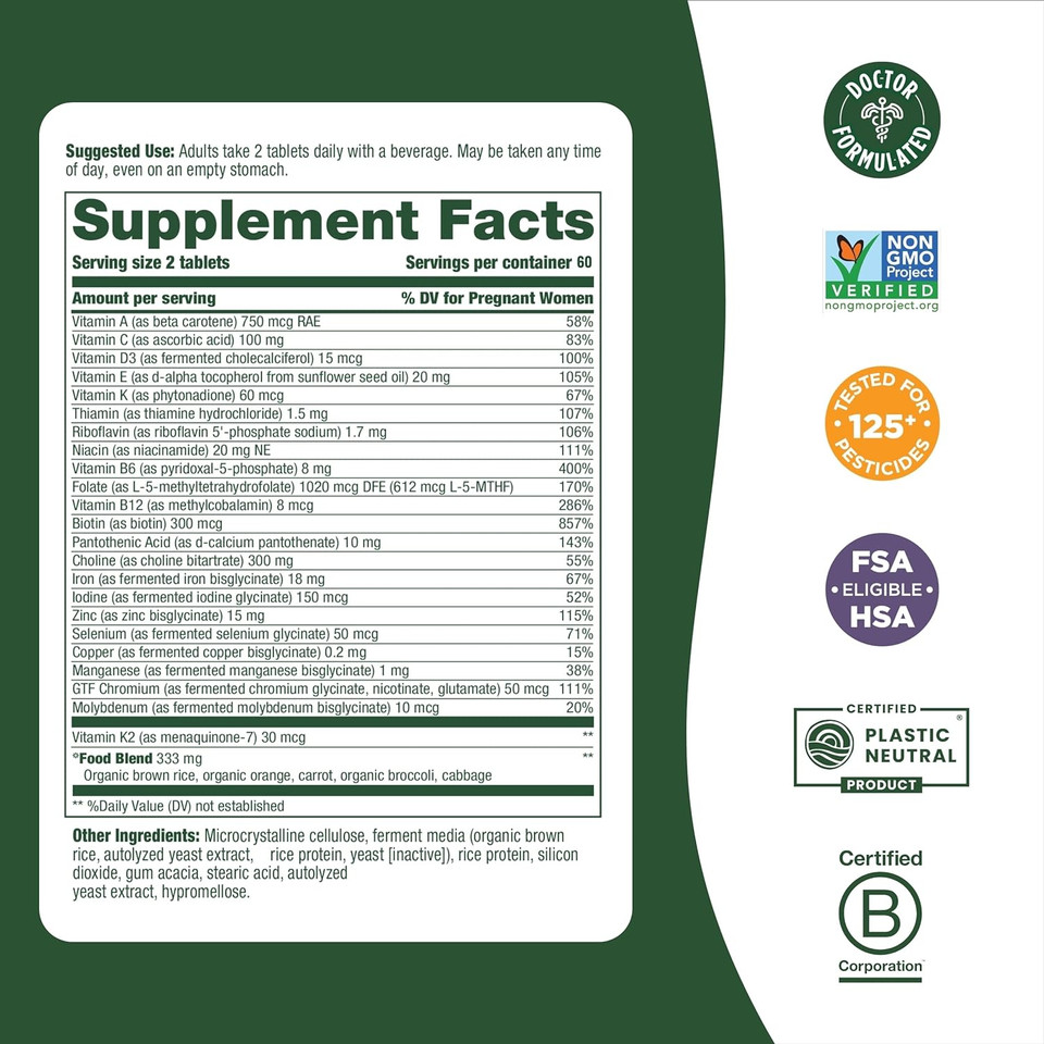Megafood Baby & Me 2 Prenatal Vitamin And Minerals - Vitamins For Women - With Folate (Folic Acid Natural Form), Choline, Iron, Iodine, And Vitamin C, Vitamin D And More - 120 Tabs (60 Servings)120 Count (Pack Of 1)