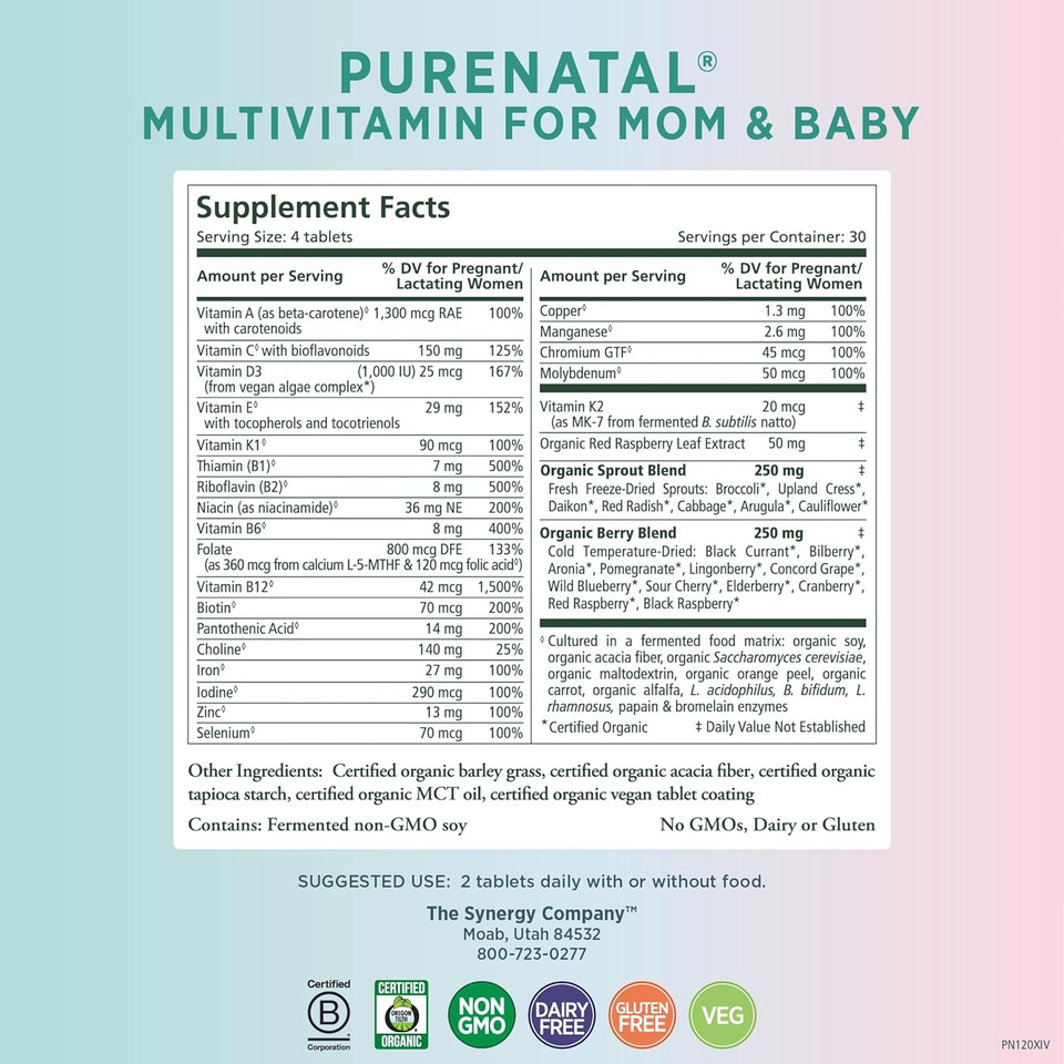 Pure Synergy Purenatal Prenatal Vitamins | Vegan Supplement Made With Organic Whole Foods | With Natural Iron, Folate, And Choline | For Pre-Conception, Pregnancy And Breastfeeding (120 Tablets)