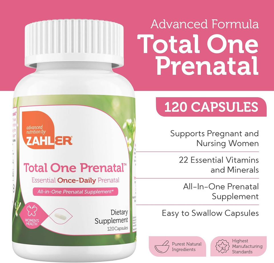 Zahler - Total One Prenatal Vitamins For Women (90 Count) Daily Multi Vitamin Prenatals With Folic Acid, Iron, Zinc & 19 Other Essential Vitamins & Minerals - Kosher Pre Natal Multivitamin Capsules