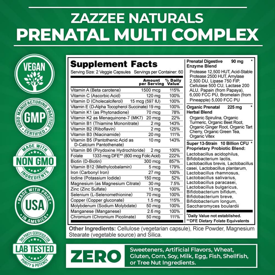 Zazzee Extra Strength Prenatal Multi Complex, 120 Vegan Capsules, Enhanced With Mk7, 10 Billion Cfu 13-Strain Probiotic Blend, Prenatal Enzyme Digestive Blend And Organic Prenatal Herbal Blend