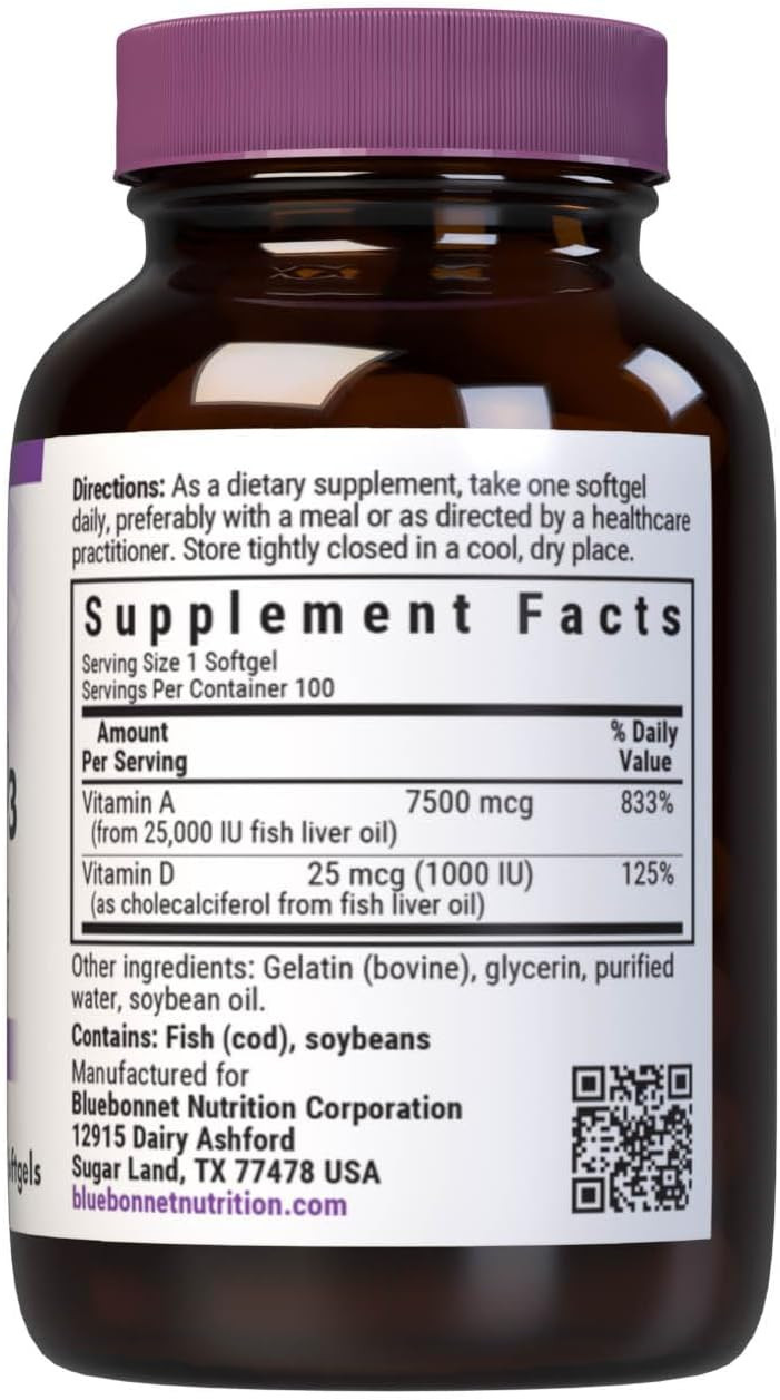 Bluebonnet Nutrition Vitamin A & D3 25,000 Iu/1,000 Iu From Deep Sea, Cold Water, Fish Oil - For Eye Health & Immune Function* - Gluten Free - Dairy Free - Molecularly Distilled - 100 Softgel/Servings