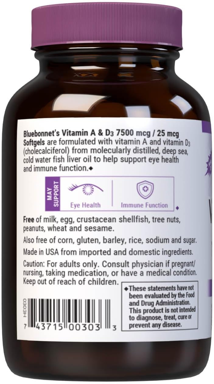 Bluebonnet Nutrition Vitamin A & D3 25,000 Iu/1,000 Iu From Deep Sea, Cold Water, Fish Oil - For Eye Health & Immune Function* - Gluten Free - Dairy Free - Molecularly Distilled - 100 Softgel/Servings