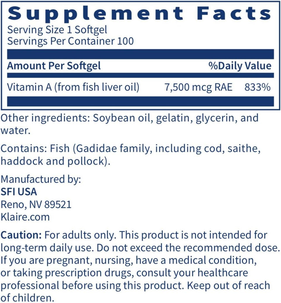 Klaire Labs Vitamin A - High Potency 25000 Iu Dose (7,500Mcg Rae) From Fish Liver Oil, Preformed Retinol Form (100 Softgels)