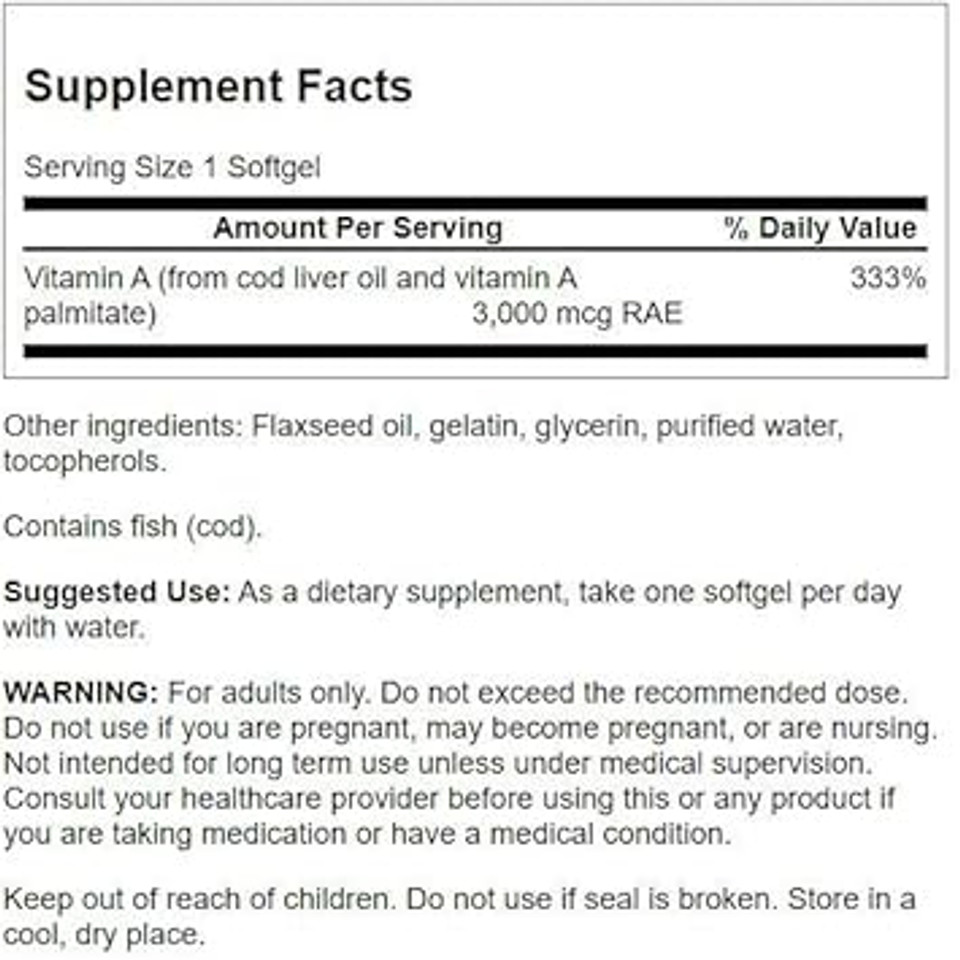 Swanson Vitamin A 10,000 Iu (3,000 Mcg Rae) Natural Nourishment For Bone, Skin Health, Vision Support & Immune System Function - High Absorption Vitamin A 250 Softgels