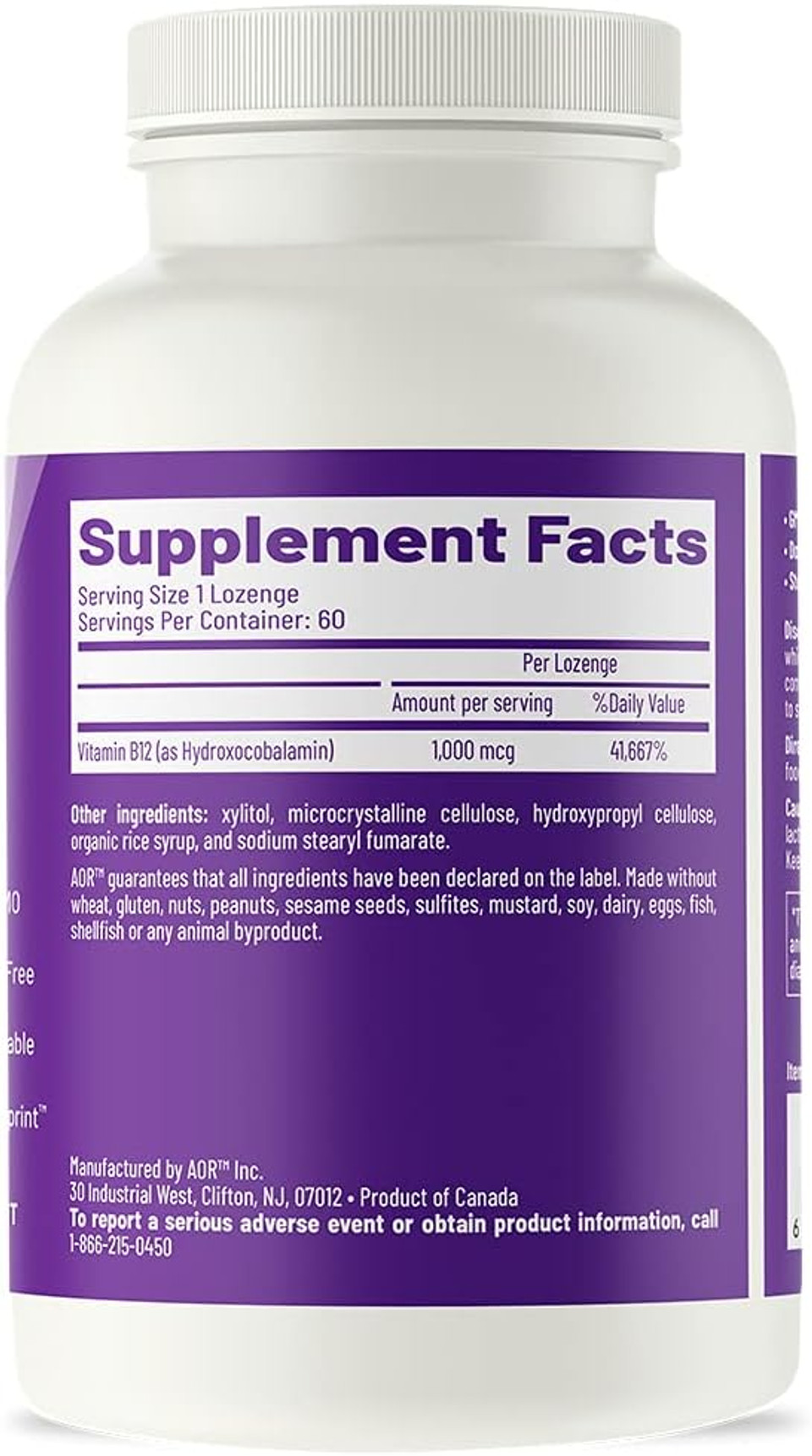 Aor, Hydroxy B12, Supports Cardiovascular Health, Nerve Function And Detoxification, Dietary Supplement, Vegan, 60 Servings (60 Lozenges)