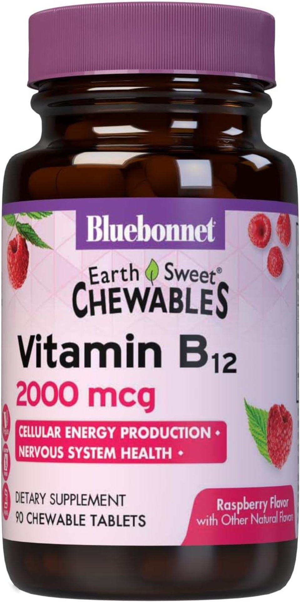 Bluebonnet Nutrition Earth Sweet Vitamin B12 2000 Mcg Chewable Tablets, Soy-Free, Gluten-Free, Kosher Certified, Dairy-Free, Vegan, Raspberry Flavored, 90 Chewable Tablets, 90 Servings90 Count (Pack Of 1)