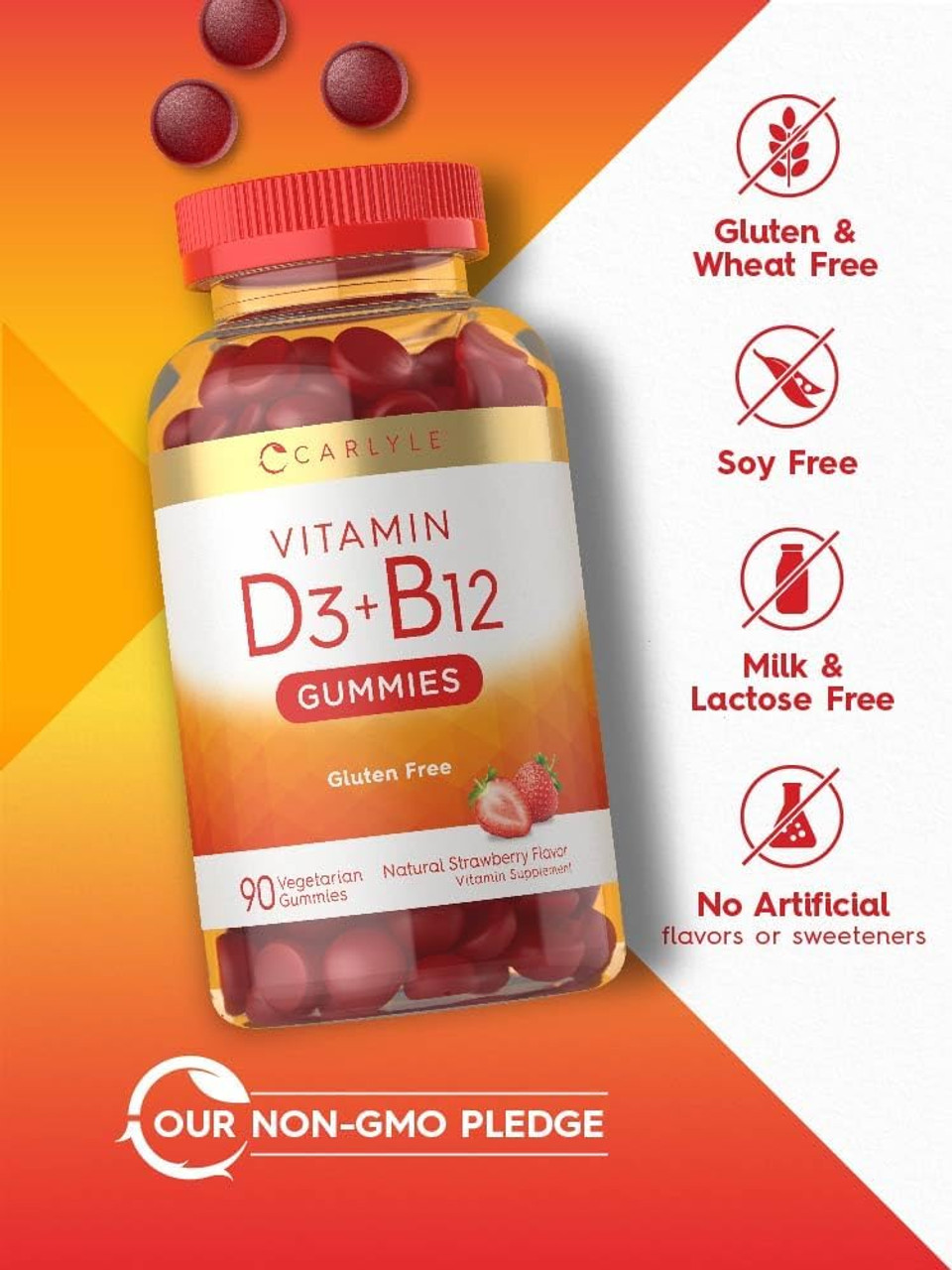 Carlyle Vitamin D3 + B12 Complex Gummies | 90 Count | Vegetarian, Non-Gmo, And Gluten Free Formula | Natural Strawberry Flavor Supplement