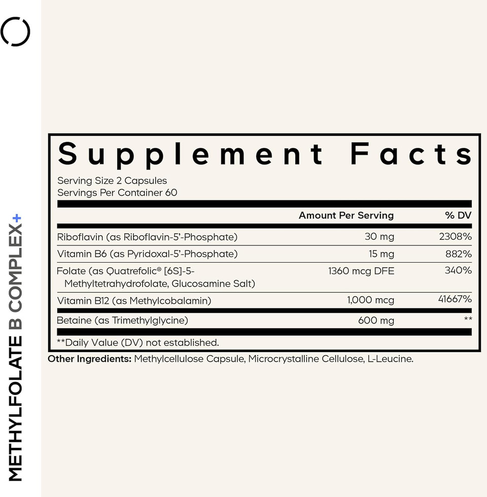 Codeage Methylfolate B Complex Supplements - 5 Mthf, Methylcobalamin 1000Mcg Methylated Vitamin B12, Riboflavin, Betaine, Vitamins B6, Methylation Cycle Mthfr - 2 Months - 120 Capsules