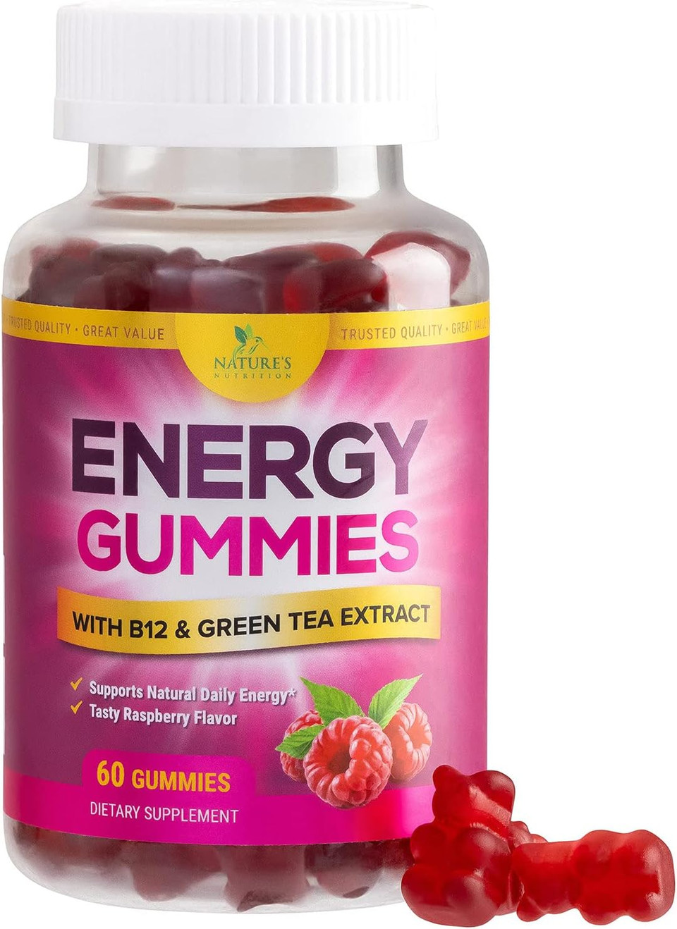 Energy Gummies Vitamin B12, Green Tea And Guarana Extract, Daily Energy Vitamin Supplement, Delicious Raspberry Flavor Gummy Chewable Supplement For Men And Women, Non-Gmo And Vegan - 60 Gummies60 Count (Pack Of 1)