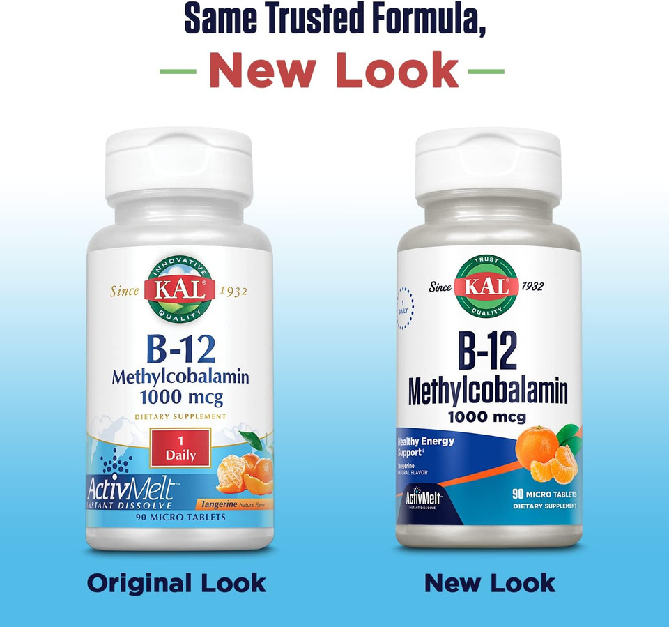 Kal Vitamin B12 Methylcobalamin 1000Mcg, Healthy Energy, Metabolism, Nerve & Red Blood Cell Support,* Fast Dissolve Activmelt, Optimal Absorption, Natural Tangerine Flavor, 90 Servings, 90 Micro Tabs