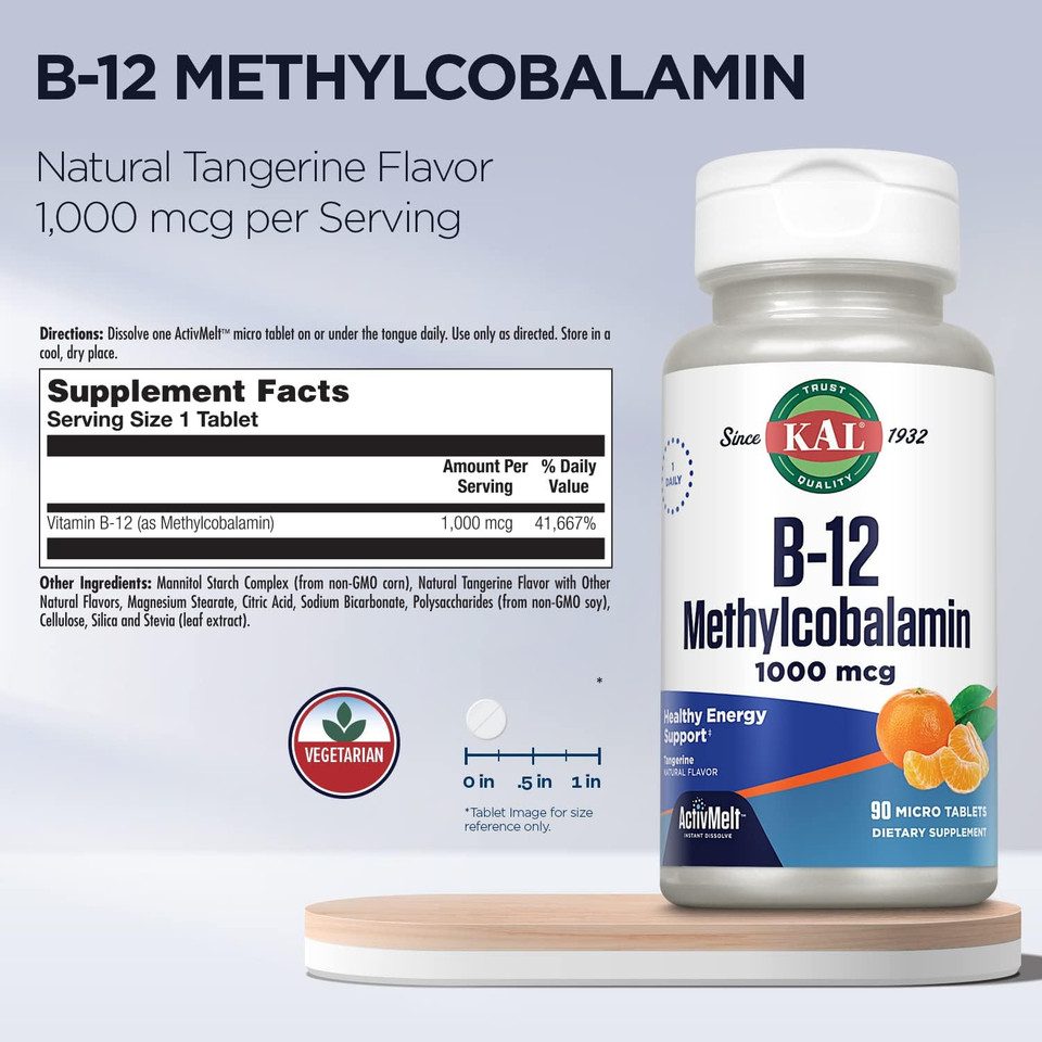 Kal Vitamin B12 Methylcobalamin 1000Mcg, Healthy Energy, Metabolism, Nerve & Red Blood Cell Support,* Fast Dissolve Activmelt, Optimal Absorption, Natural Tangerine Flavor, 90 Servings, 90 Micro Tabs