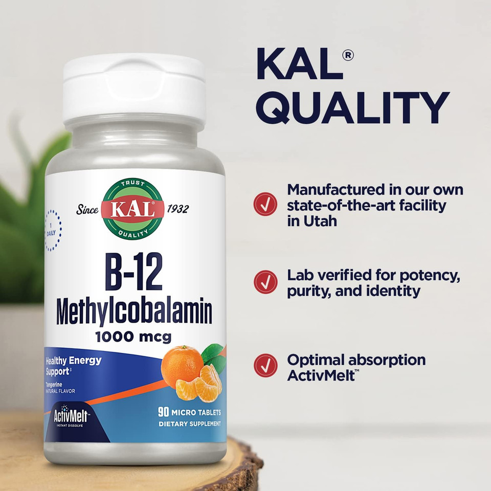 Kal Vitamin B12 Methylcobalamin 1000Mcg, Healthy Energy, Metabolism, Nerve & Red Blood Cell Support,* Fast Dissolve Activmelt, Optimal Absorption, Natural Tangerine Flavor, 90 Servings, 90 Micro Tabs