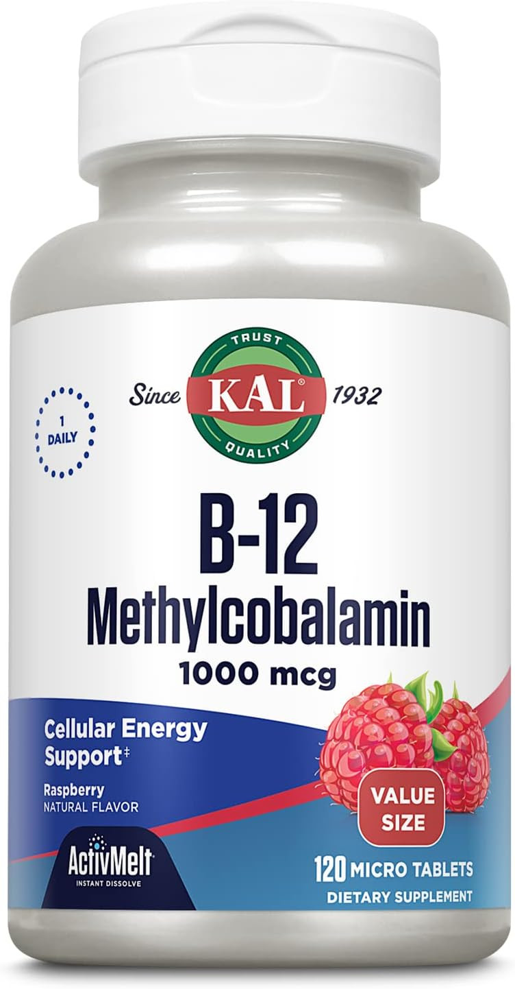 Kal Vitamin B12 Methylcobalamin 1000Mcg, Healthy Energy, Metabolism, Nerve And Red Blood Cell Support, Fast Dissolve Activmelt, High Absorption, Vegetarian, Natural Raspberry, 120 Serv, 120 Micro Tabs120 Serv, 120 Micro Tabs
