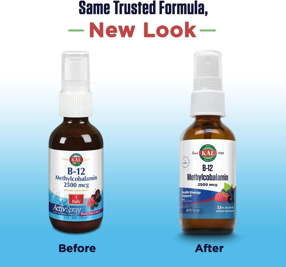 Kal Vitamin B12 Methylcobalamin Activspray 2500Mcg, Healthy Energy, Metabolism, Nerve & Red Blood Cell Support,* Fast-Acting Liquid B12, Maximum Absorption, Natural Berry Flavor, 80 Servings, 2 Fl Oz
