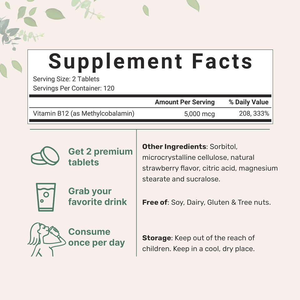 Micro Ingredients Vitamin B12 5000Mcg | Methyl B12 Active Form  240 Chewable Tablets | Fast Dissolve, Natural Strawberry Flavor, Support Energy, Metabolism Health | Vegan, Non-Gmo, & No Glute