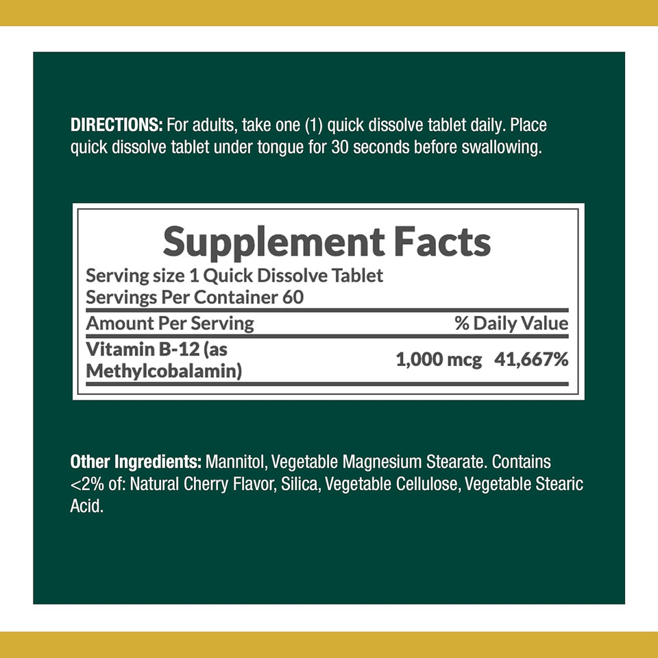 Nature'S Bounty Vitamin B12, Supports Energy Metabolism And Nervous System Health, 1000Mcg, 60 Quick Dissolve Tablets